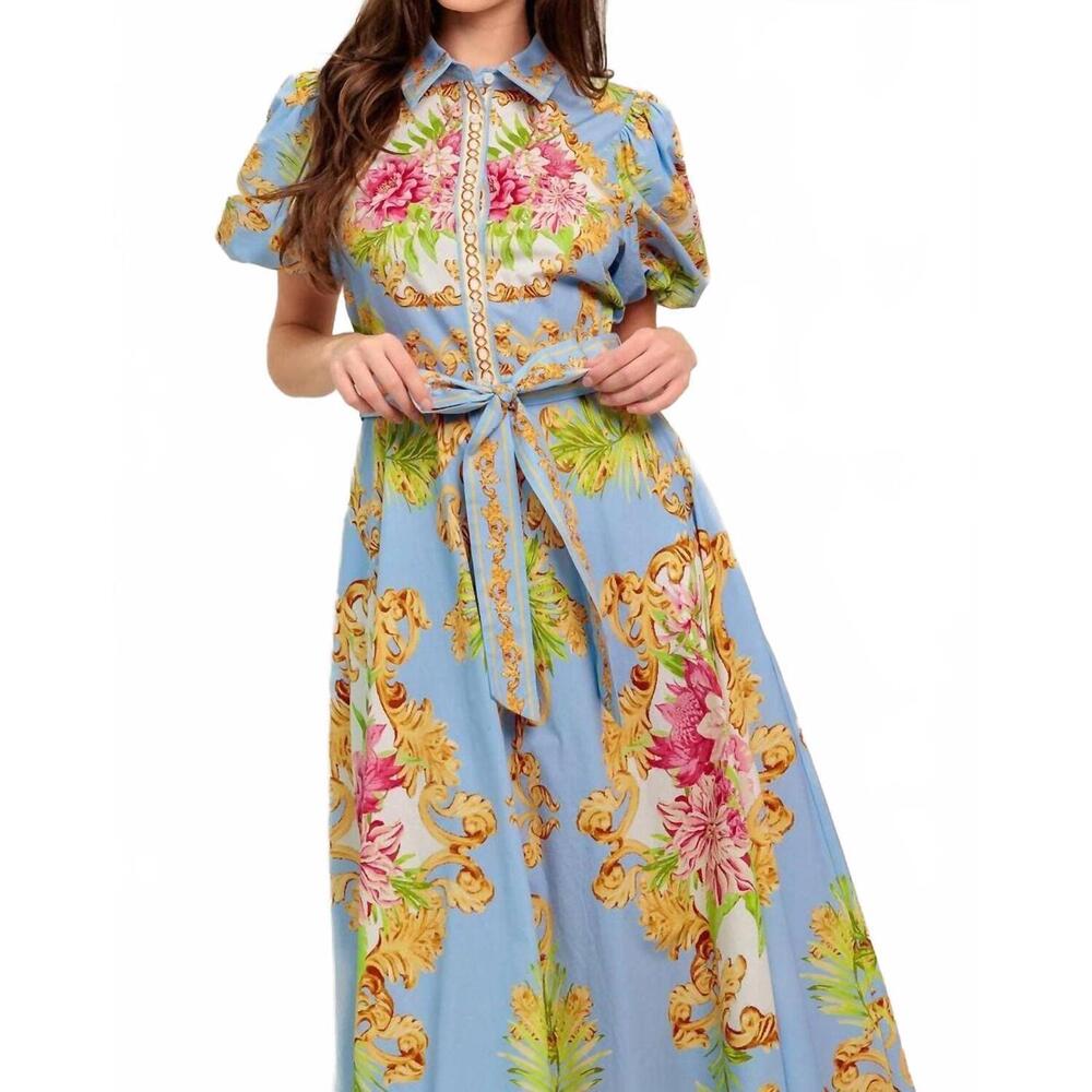 NEW FLYING TOMATO versailles garden midi dress in light blue multi - Picture 6 of 7
